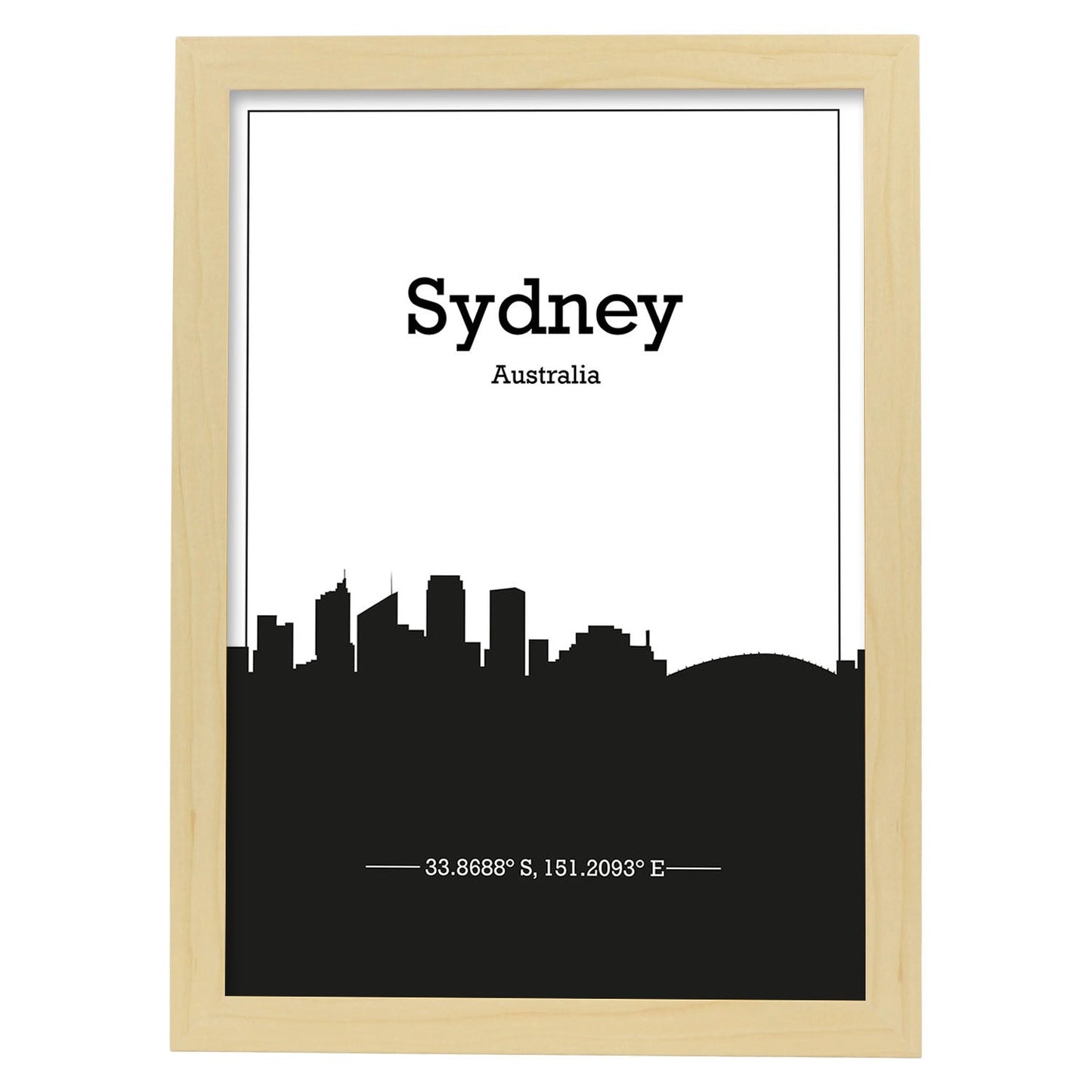Poster con mapa de Sydney - Australia. Láminas con Skyline de ciudades de Asia, Australia, y Oriente Medio con sombra negra.-Artwork-Nacnic-A4-Marco Madera clara-Nacnic Estudio SL