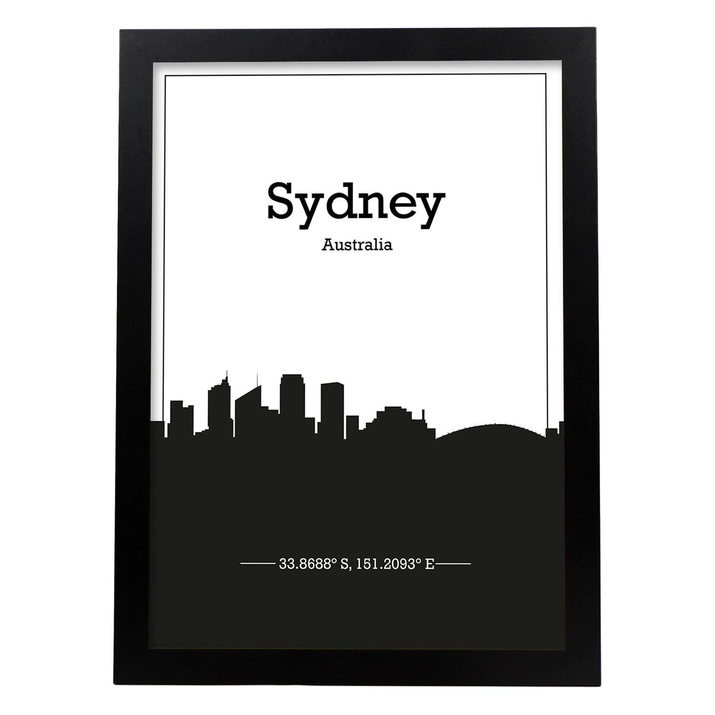 Poster con mapa de Sydney - Australia. Láminas con Skyline de ciudades de Asia, Australia, y Oriente Medio con sombra negra.-Artwork-Nacnic-A4-Marco Negro-Nacnic Estudio SL