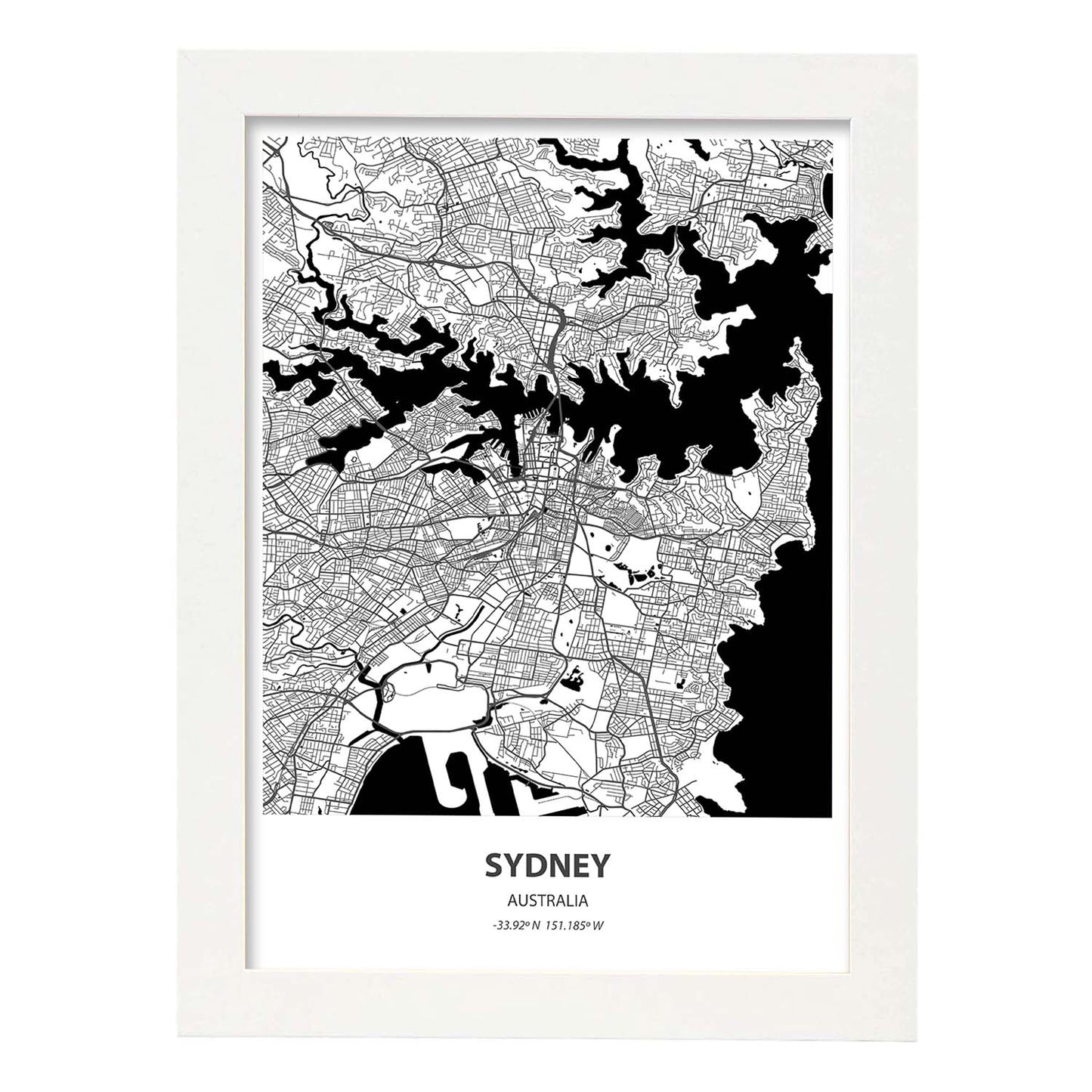 Poster con mapa de Sydney - Australia. Láminas de ciudades de Australia con mares y ríos en color negro.-Artwork-Nacnic-A3-Marco Blanco-Nacnic Estudio SL