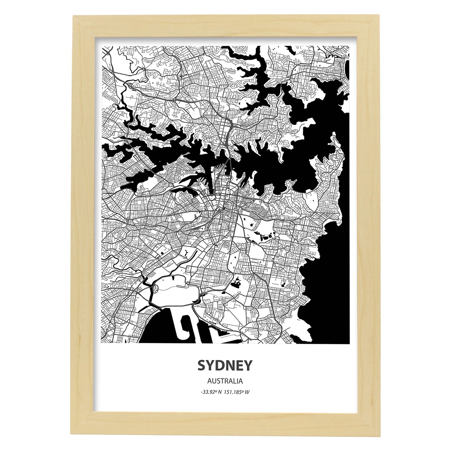Poster con mapa de Sydney - Australia. Láminas de ciudades de Australia con mares y ríos en color negro.-Artwork-Nacnic-A3-Marco Madera clara-Nacnic Estudio SL