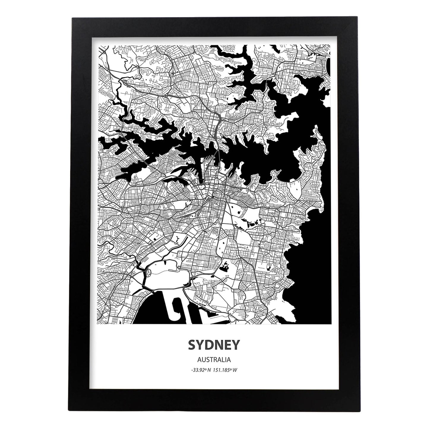 Poster con mapa de Sydney - Australia. Láminas de ciudades de Australia con mares y ríos en color negro.-Artwork-Nacnic-A3-Marco Negro-Nacnic Estudio SL
