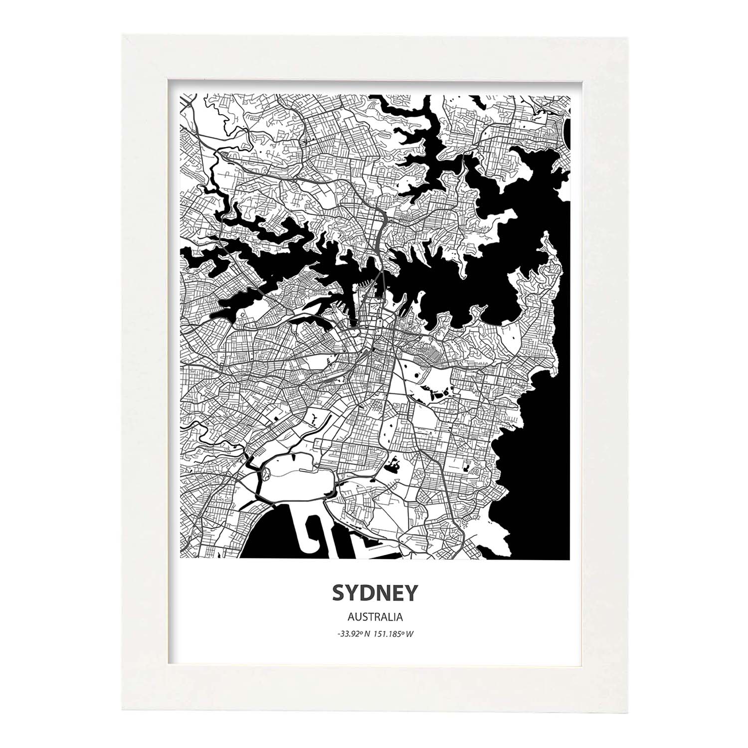 Poster con mapa de Sydney - Australia. Láminas de ciudades de Australia con mares y ríos en color negro.-Artwork-Nacnic-A4-Marco Blanco-Nacnic Estudio SL