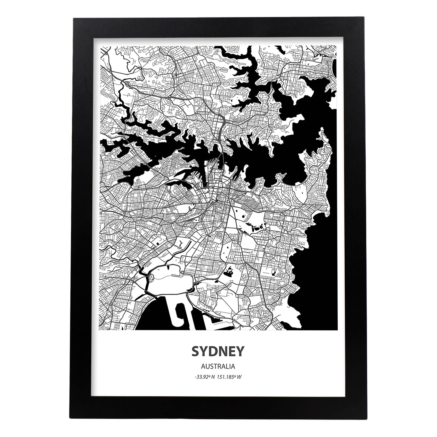 Poster con mapa de Sydney - Australia. Láminas de ciudades de Australia con mares y ríos en color negro.-Artwork-Nacnic-A4-Marco Negro-Nacnic Estudio SL