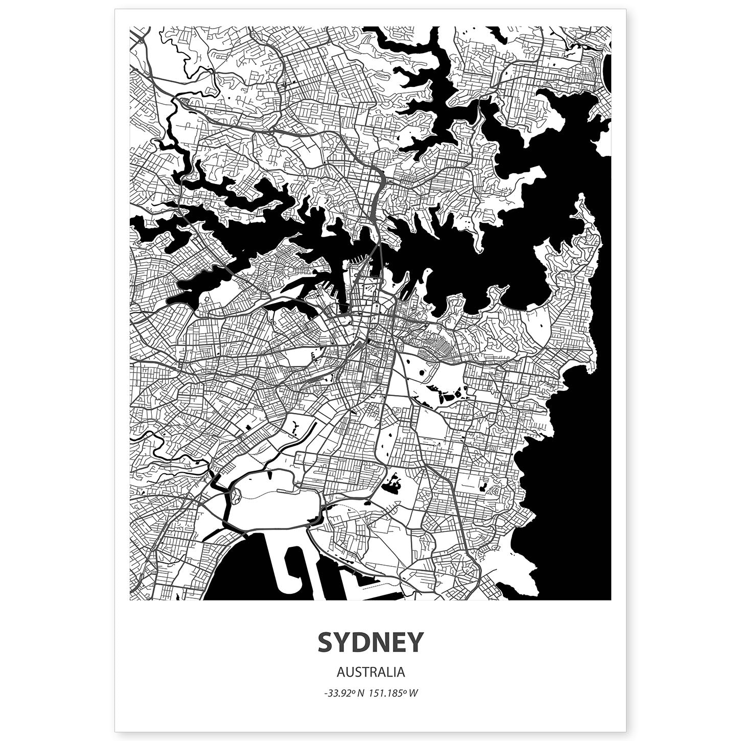 Poster con mapa de Sydney - Australia. Láminas de ciudades de Australia con mares y ríos en color negro.-Artwork-Nacnic-A4-Sin marco-Nacnic Estudio SL
