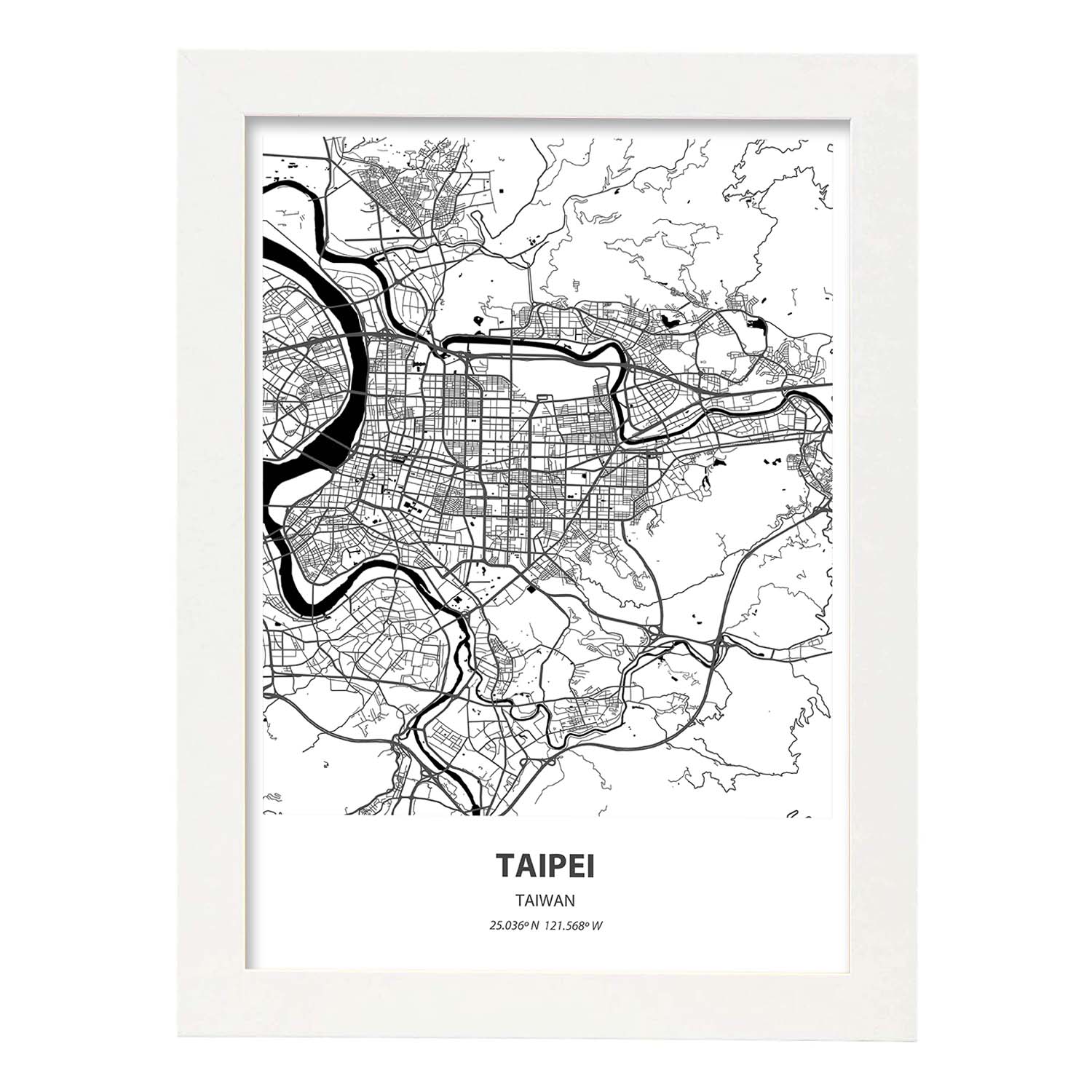 Poster con mapa de Taipei - Taiwan. Láminas de ciudades de Asia con mares y ríos en color negro.-Artwork-Nacnic-A3-Marco Blanco-Nacnic Estudio SL