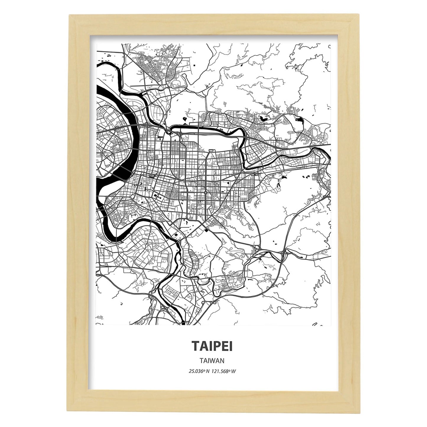 Poster con mapa de Taipei - Taiwan. Láminas de ciudades de Asia con mares y ríos en color negro.-Artwork-Nacnic-A3-Marco Madera clara-Nacnic Estudio SL