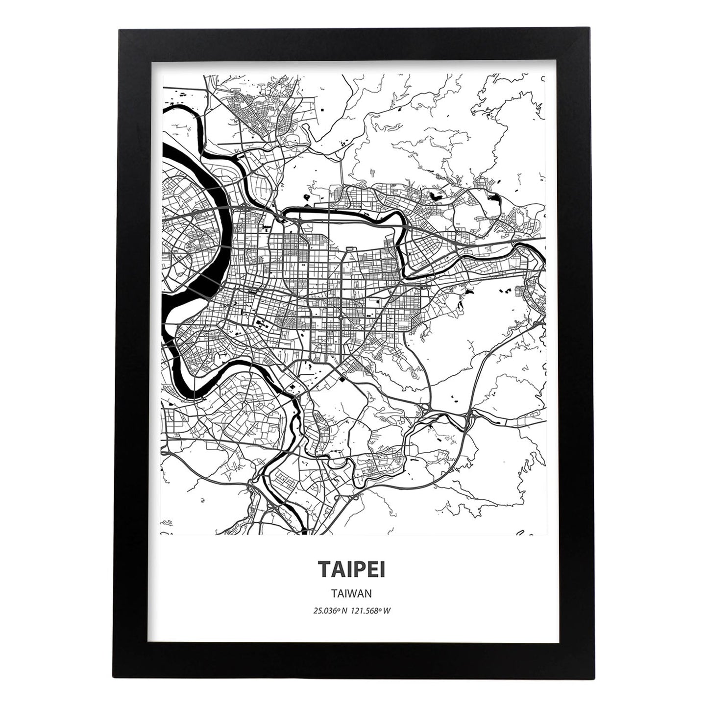 Poster con mapa de Taipei - Taiwan. Láminas de ciudades de Asia con mares y ríos en color negro.-Artwork-Nacnic-A3-Marco Negro-Nacnic Estudio SL