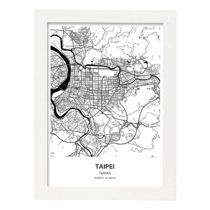 Poster con mapa de Taipei - Taiwan. Láminas de ciudades de Asia con mares y ríos en color negro.-Artwork-Nacnic-A4-Marco Blanco-Nacnic Estudio SL