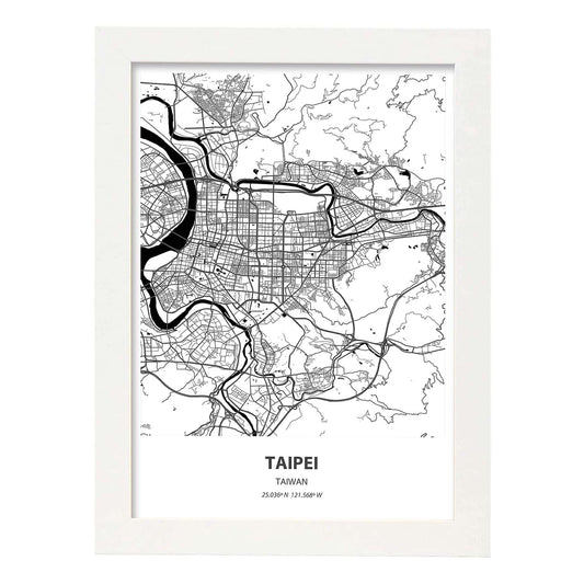 Poster con mapa de Taipei - Taiwan. Láminas de ciudades de Asia con mares y ríos en color negro.-Artwork-Nacnic-A4-Marco Blanco-Nacnic Estudio SL