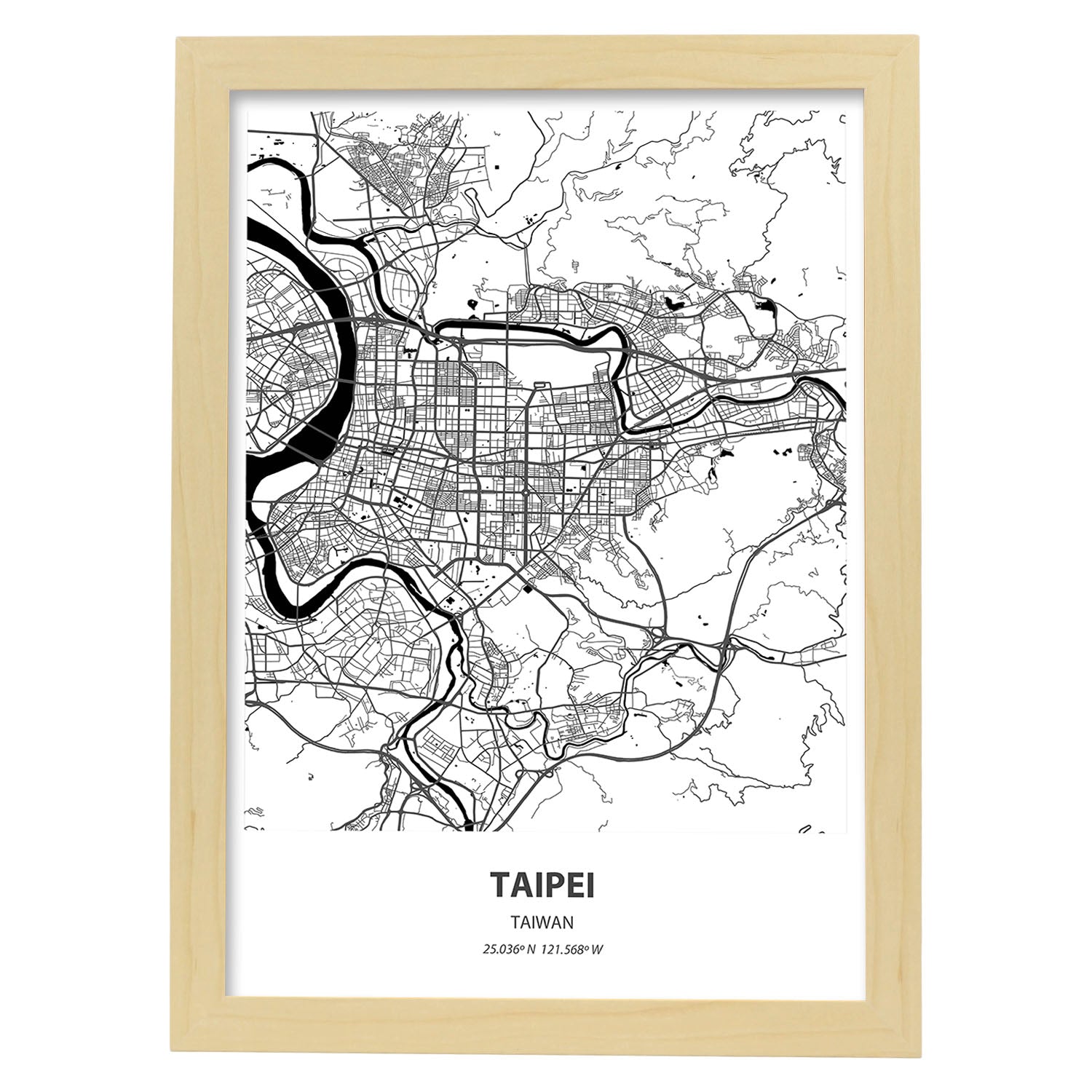 Poster con mapa de Taipei - Taiwan. Láminas de ciudades de Asia con mares y ríos en color negro.-Artwork-Nacnic-A4-Marco Madera clara-Nacnic Estudio SL