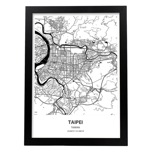 Poster con mapa de Taipei - Taiwan. Láminas de ciudades de Asia con mares y ríos en color negro.-Artwork-Nacnic-A4-Marco Negro-Nacnic Estudio SL