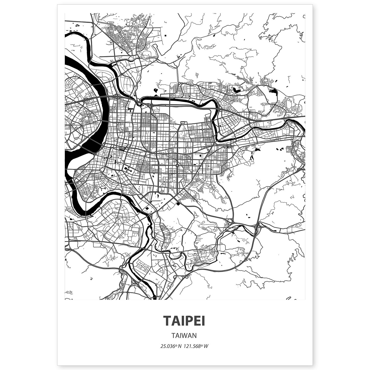 Poster con mapa de Taipei - Taiwan. Láminas de ciudades de Asia con mares y ríos en color negro.-Artwork-Nacnic-A4-Sin marco-Nacnic Estudio SL
