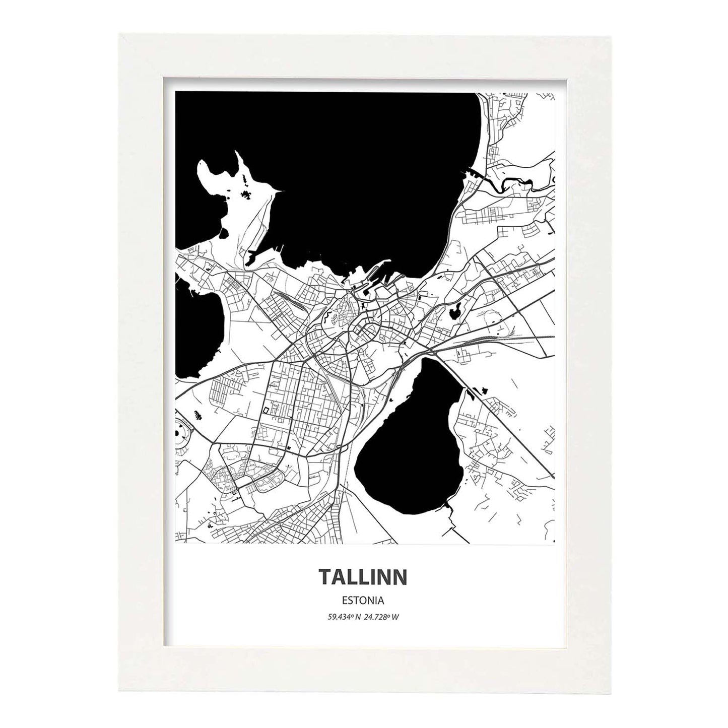 Poster con mapa de Tallinn - Estonia. Láminas de ciudades del norte de Europa con mares y ríos en color negro.-Artwork-Nacnic-A3-Marco Blanco-Nacnic Estudio SL