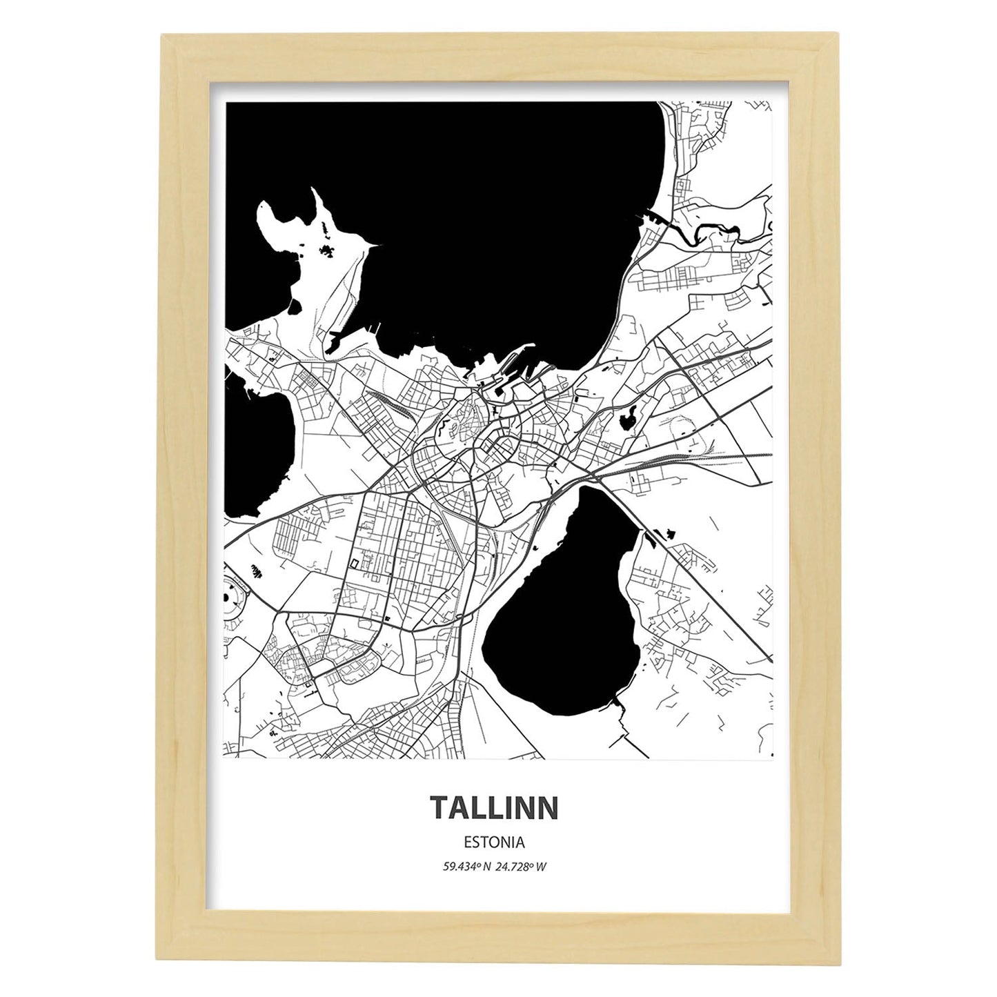 Poster con mapa de Tallinn - Estonia. Láminas de ciudades del norte de Europa con mares y ríos en color negro.-Artwork-Nacnic-A3-Marco Madera clara-Nacnic Estudio SL