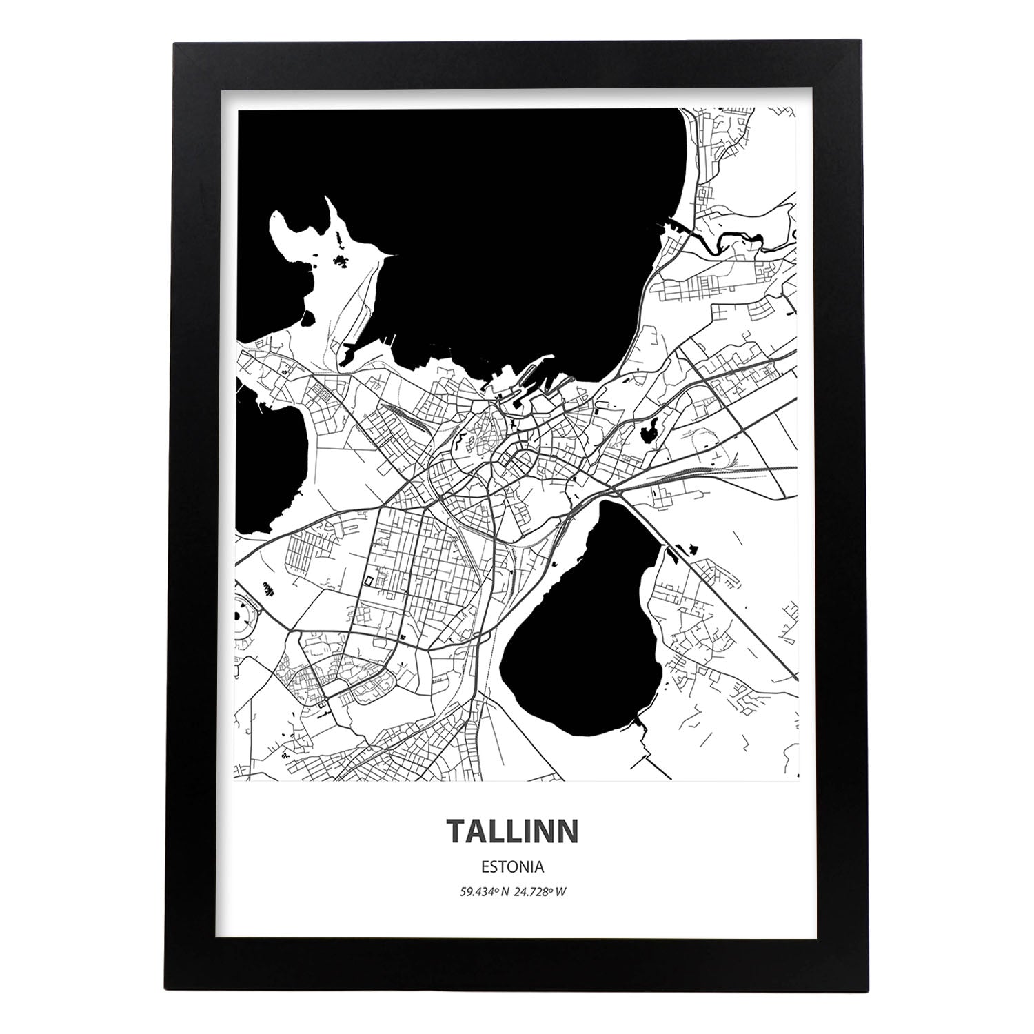 Poster con mapa de Tallinn - Estonia. Láminas de ciudades del norte de Europa con mares y ríos en color negro.-Artwork-Nacnic-A3-Marco Negro-Nacnic Estudio SL