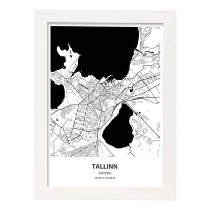 Poster con mapa de Tallinn - Estonia. Láminas de ciudades del norte de Europa con mares y ríos en color negro.-Artwork-Nacnic-A4-Marco Blanco-Nacnic Estudio SL