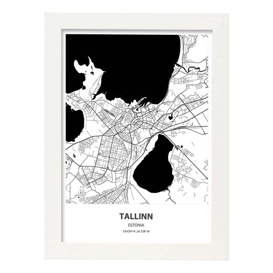 Poster con mapa de Tallinn - Estonia. Láminas de ciudades del norte de Europa con mares y ríos en color negro.-Artwork-Nacnic-A4-Marco Blanco-Nacnic Estudio SL