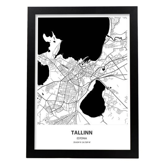 Poster con mapa de Tallinn - Estonia. Láminas de ciudades del norte de Europa con mares y ríos en color negro.-Artwork-Nacnic-A4-Marco Negro-Nacnic Estudio SL