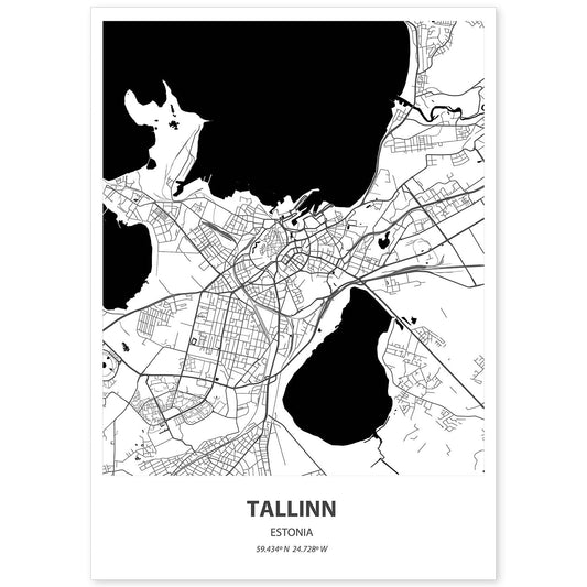 Poster con mapa de Tallinn - Estonia. Láminas de ciudades del norte de Europa con mares y ríos en color negro.-Artwork-Nacnic-A4-Sin marco-Nacnic Estudio SL