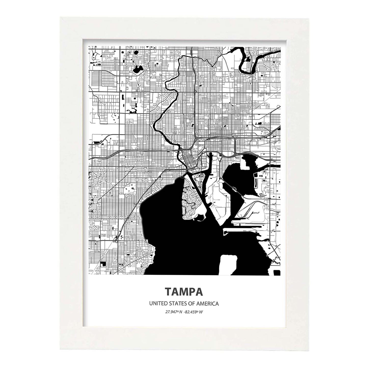 Poster con mapa de Tampa - USA. Láminas de ciudades de Estados Unidos con mares y ríos en color negro.-Artwork-Nacnic-A3-Marco Blanco-Nacnic Estudio SL