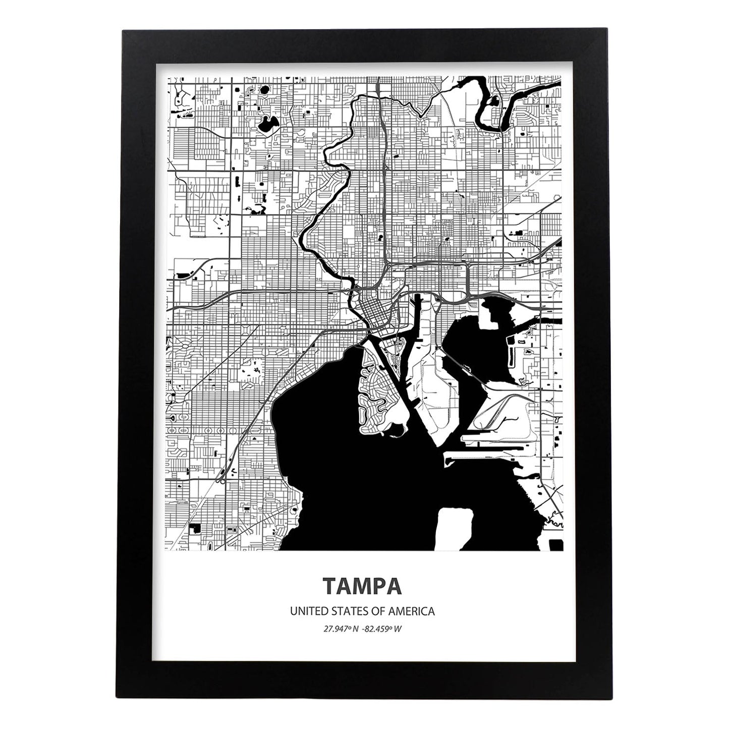 Poster con mapa de Tampa - USA. Láminas de ciudades de Estados Unidos con mares y ríos en color negro.-Artwork-Nacnic-A3-Marco Negro-Nacnic Estudio SL