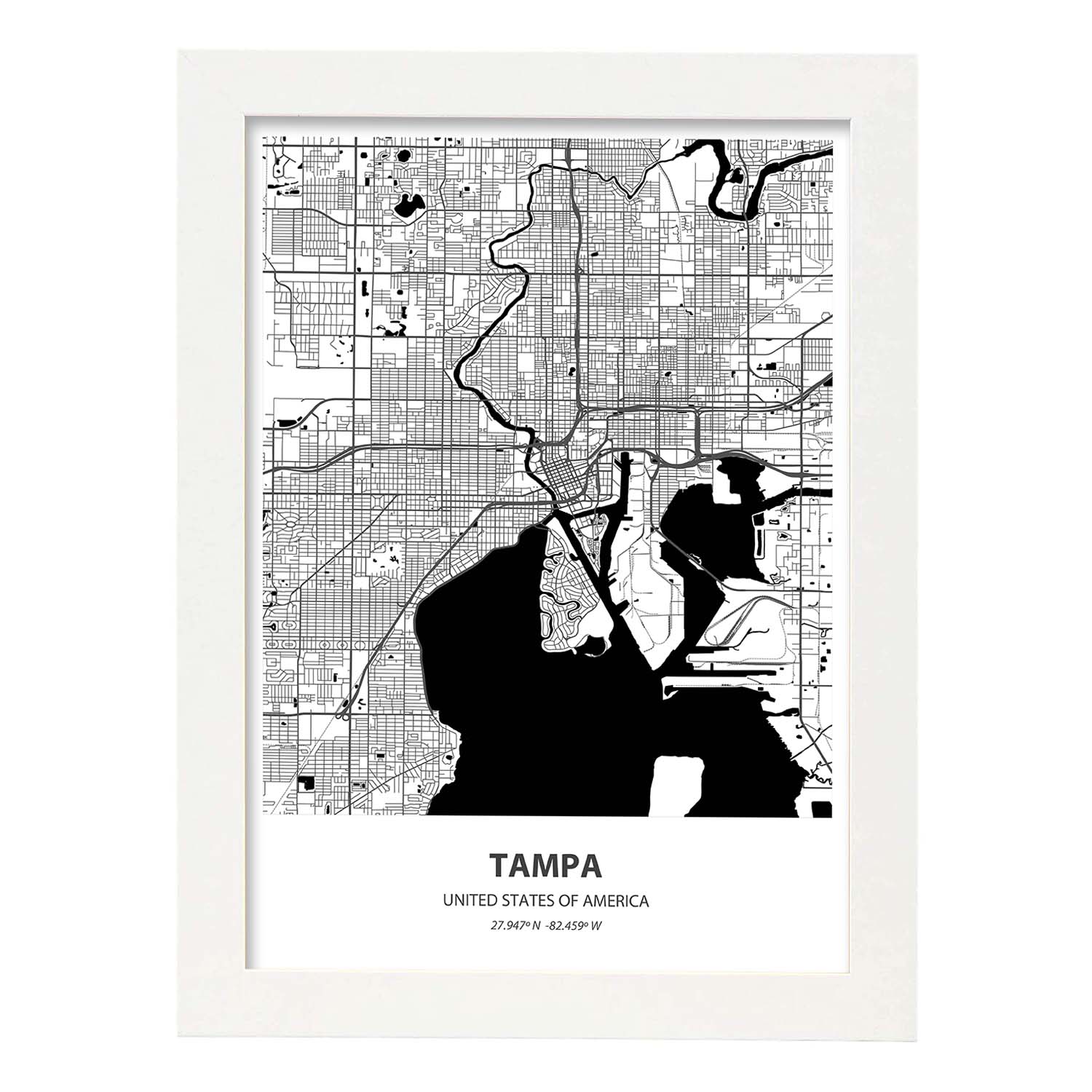 Poster con mapa de Tampa - USA. Láminas de ciudades de Estados Unidos con mares y ríos en color negro.-Artwork-Nacnic-A4-Marco Blanco-Nacnic Estudio SL