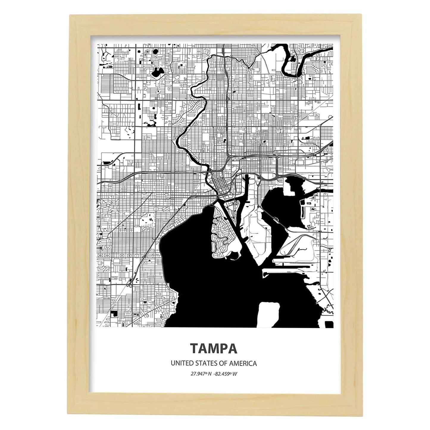 Poster con mapa de Tampa - USA. Láminas de ciudades de Estados Unidos con mares y ríos en color negro.-Artwork-Nacnic-A4-Marco Madera clara-Nacnic Estudio SL