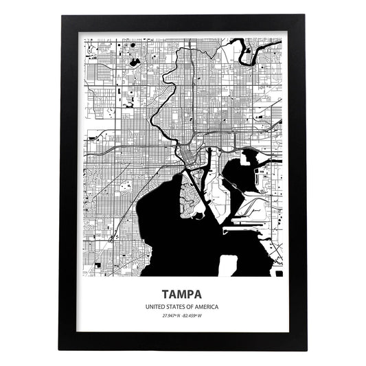 Poster con mapa de Tampa - USA. Láminas de ciudades de Estados Unidos con mares y ríos en color negro.-Artwork-Nacnic-A4-Marco Negro-Nacnic Estudio SL