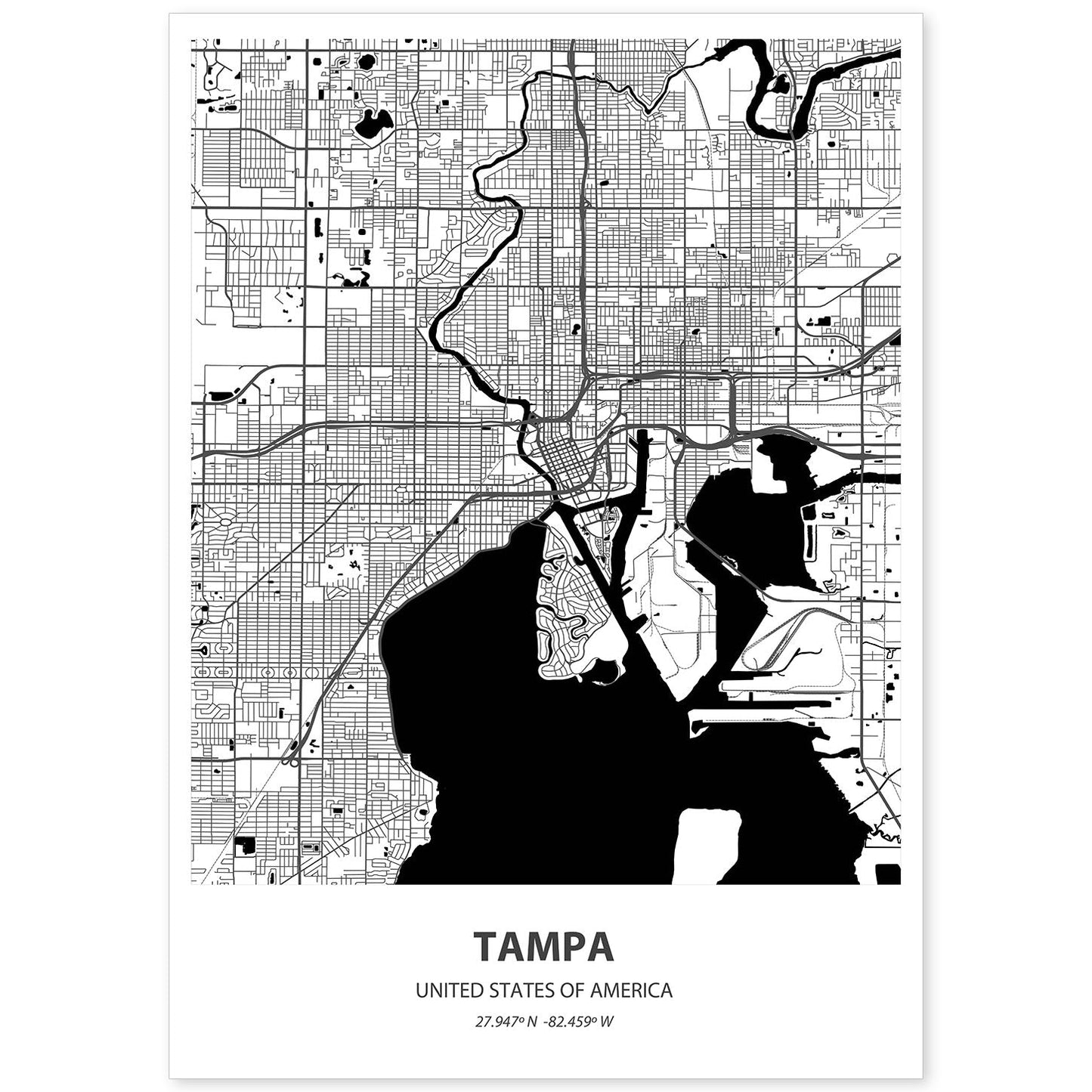 Poster con mapa de Tampa - USA. Láminas de ciudades de Estados Unidos con mares y ríos en color negro.-Artwork-Nacnic-A4-Sin marco-Nacnic Estudio SL