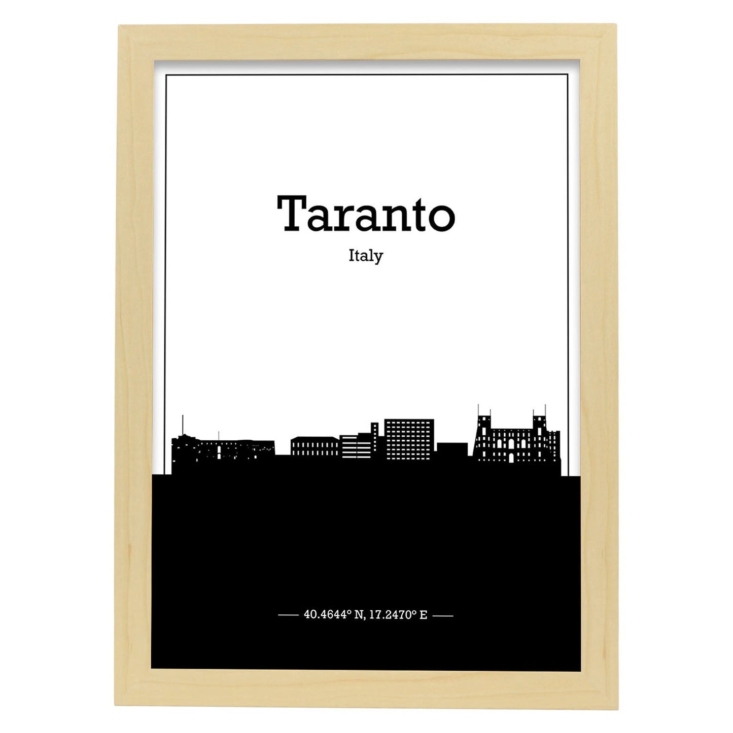 Poster con mapa de Taranto - Italia. Láminas con Skyline de ciudades de Italia con sombra negra.-Artwork-Nacnic-A4-Marco Madera clara-Nacnic Estudio SL