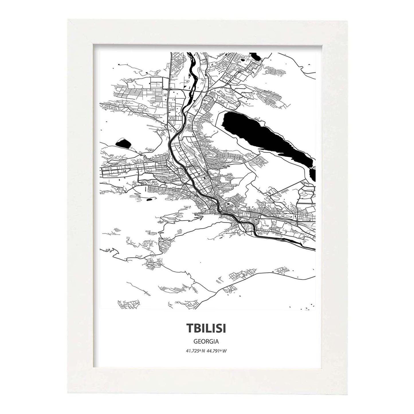 Poster con mapa de Tbilisi - Georgia. Láminas de ciudades de Oriente Medio con mares y ríos en color negro.-Artwork-Nacnic-A3-Marco Blanco-Nacnic Estudio SL