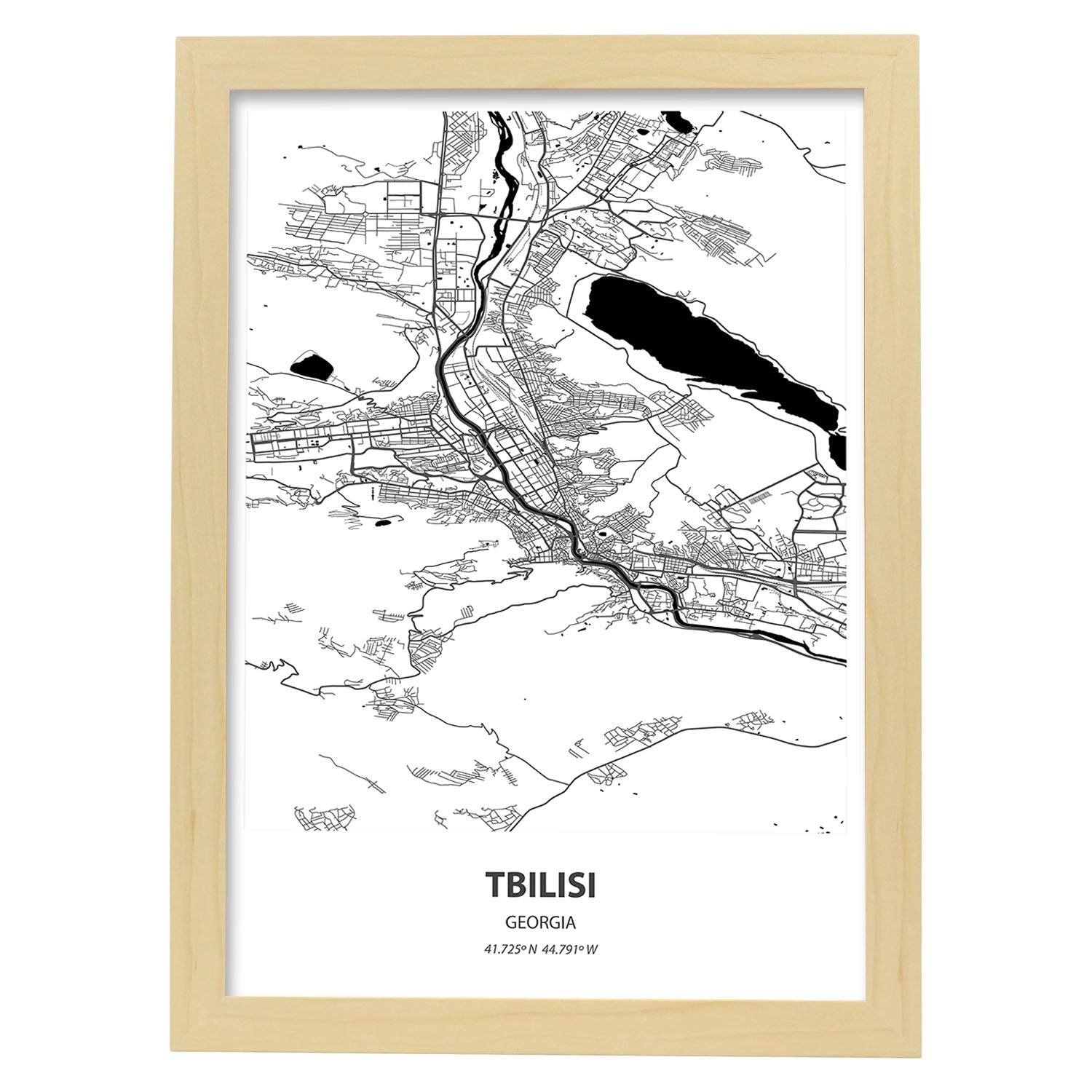 Poster con mapa de Tbilisi - Georgia. Láminas de ciudades de Oriente Medio con mares y ríos en color negro.-Artwork-Nacnic-A3-Marco Madera clara-Nacnic Estudio SL