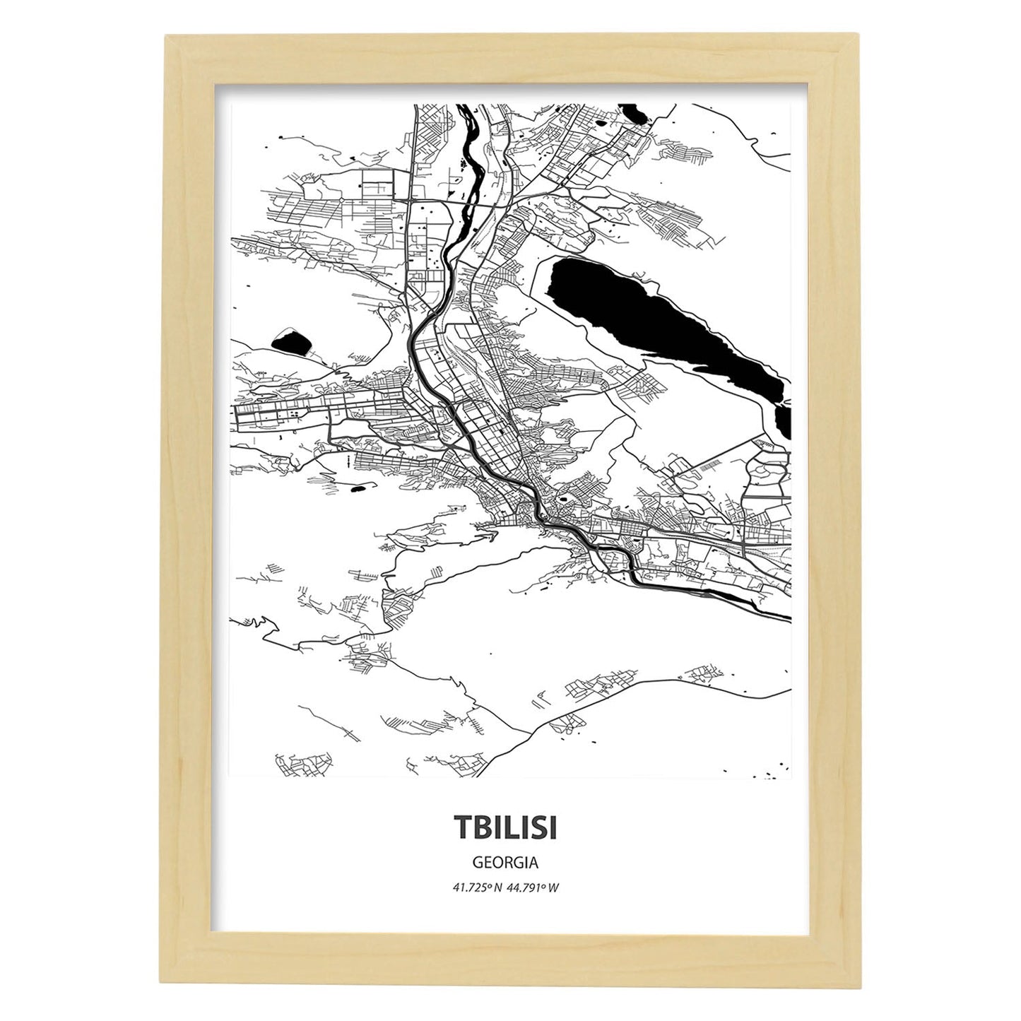 Poster con mapa de Tbilisi - Georgia. Láminas de ciudades de Oriente Medio con mares y ríos en color negro.-Artwork-Nacnic-A4-Marco Madera clara-Nacnic Estudio SL