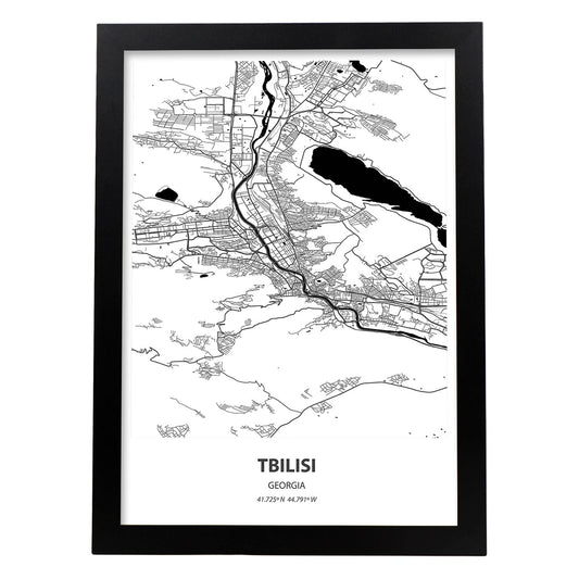 Poster con mapa de Tbilisi - Georgia. Láminas de ciudades de Oriente Medio con mares y ríos en color negro.-Artwork-Nacnic-A4-Marco Negro-Nacnic Estudio SL