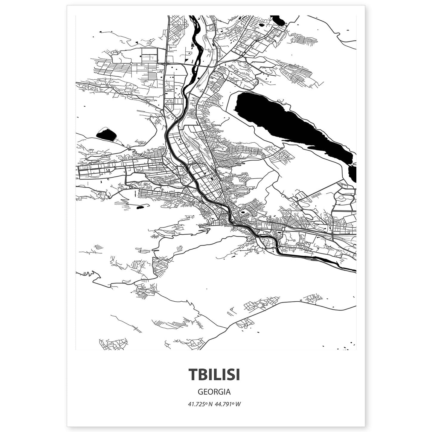 Poster con mapa de Tbilisi - Georgia. Láminas de ciudades de Oriente Medio con mares y ríos en color negro.-Artwork-Nacnic-A4-Sin marco-Nacnic Estudio SL