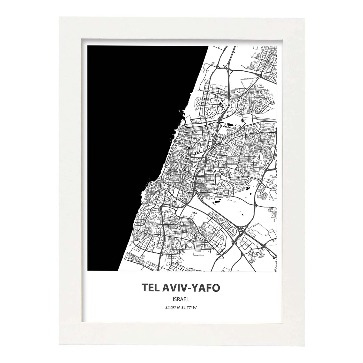 Poster con mapa de Tel Aviv Yafo - Israel. Láminas de ciudades de Oriente Medio con mares y ríos en color negro.-Artwork-Nacnic-A3-Marco Blanco-Nacnic Estudio SL
