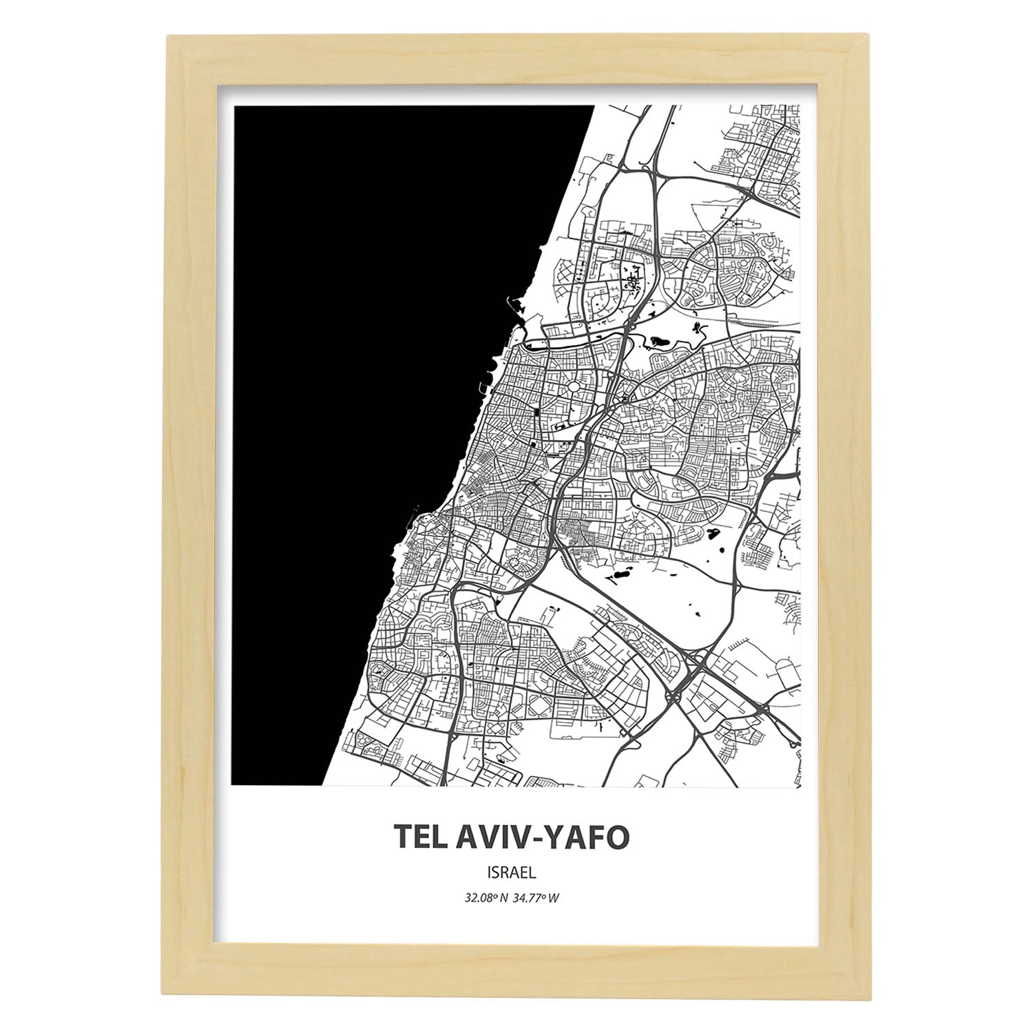 Poster con mapa de Tel Aviv Yafo - Israel. Láminas de ciudades de Oriente Medio con mares y ríos en color negro.-Artwork-Nacnic-A3-Marco Madera clara-Nacnic Estudio SL