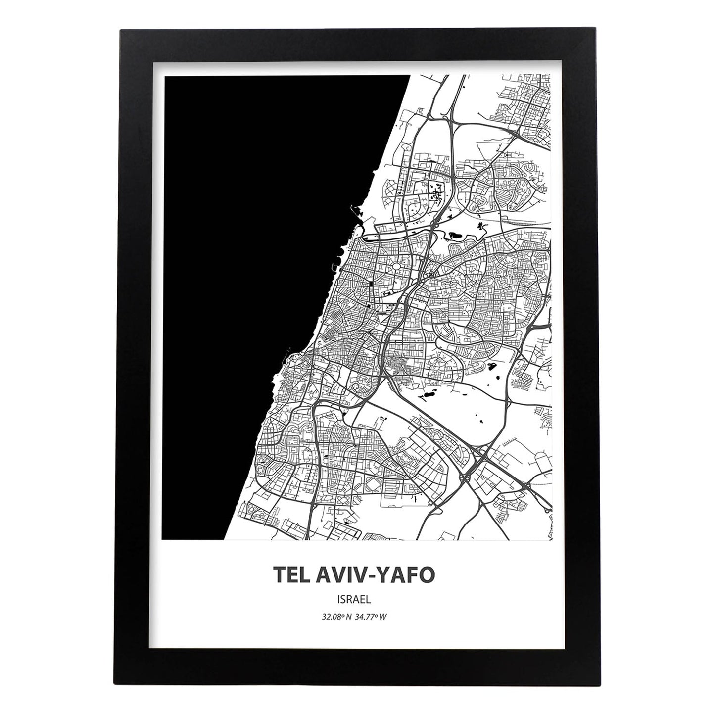 Poster con mapa de Tel Aviv Yafo - Israel. Láminas de ciudades de Oriente Medio con mares y ríos en color negro.-Artwork-Nacnic-A3-Marco Negro-Nacnic Estudio SL