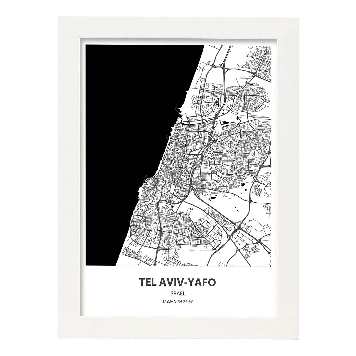 Poster con mapa de Tel Aviv Yafo - Israel. Láminas de ciudades de Oriente Medio con mares y ríos en color negro.-Artwork-Nacnic-A4-Marco Blanco-Nacnic Estudio SL