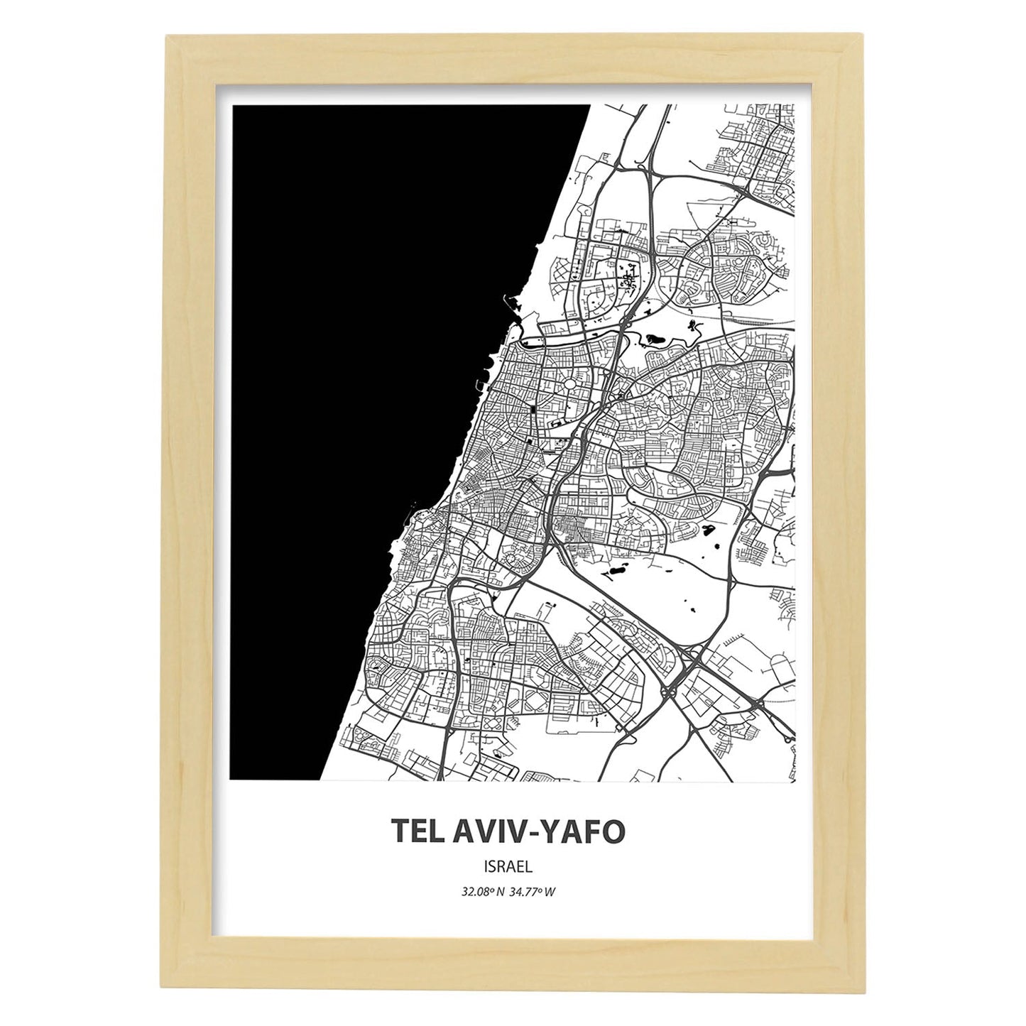 Poster con mapa de Tel Aviv Yafo - Israel. Láminas de ciudades de Oriente Medio con mares y ríos en color negro.-Artwork-Nacnic-A4-Marco Madera clara-Nacnic Estudio SL