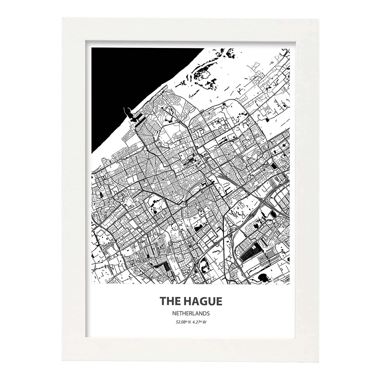 Poster con mapa de The hague - Holanda. Láminas de ciudades de Holanda y Bélgica con mares y ríos en color negro.-Artwork-Nacnic-A3-Marco Blanco-Nacnic Estudio SL