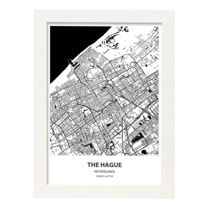 Poster con mapa de The hague - Holanda. Láminas de ciudades de Holanda y Bélgica con mares y ríos en color negro.-Artwork-Nacnic-A4-Marco Blanco-Nacnic Estudio SL