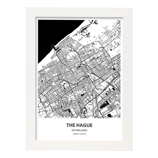 Poster con mapa de The hague - Holanda. Láminas de ciudades de Holanda y Bélgica con mares y ríos en color negro.-Artwork-Nacnic-A4-Marco Blanco-Nacnic Estudio SL