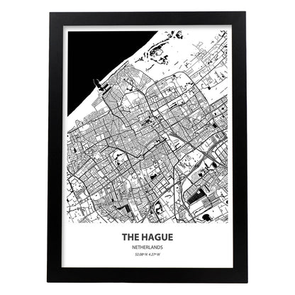 Poster con mapa de The hague - Holanda. Láminas de ciudades de Holanda y Bélgica con mares y ríos en color negro.-Artwork-Nacnic-A4-Marco Negro-Nacnic Estudio SL