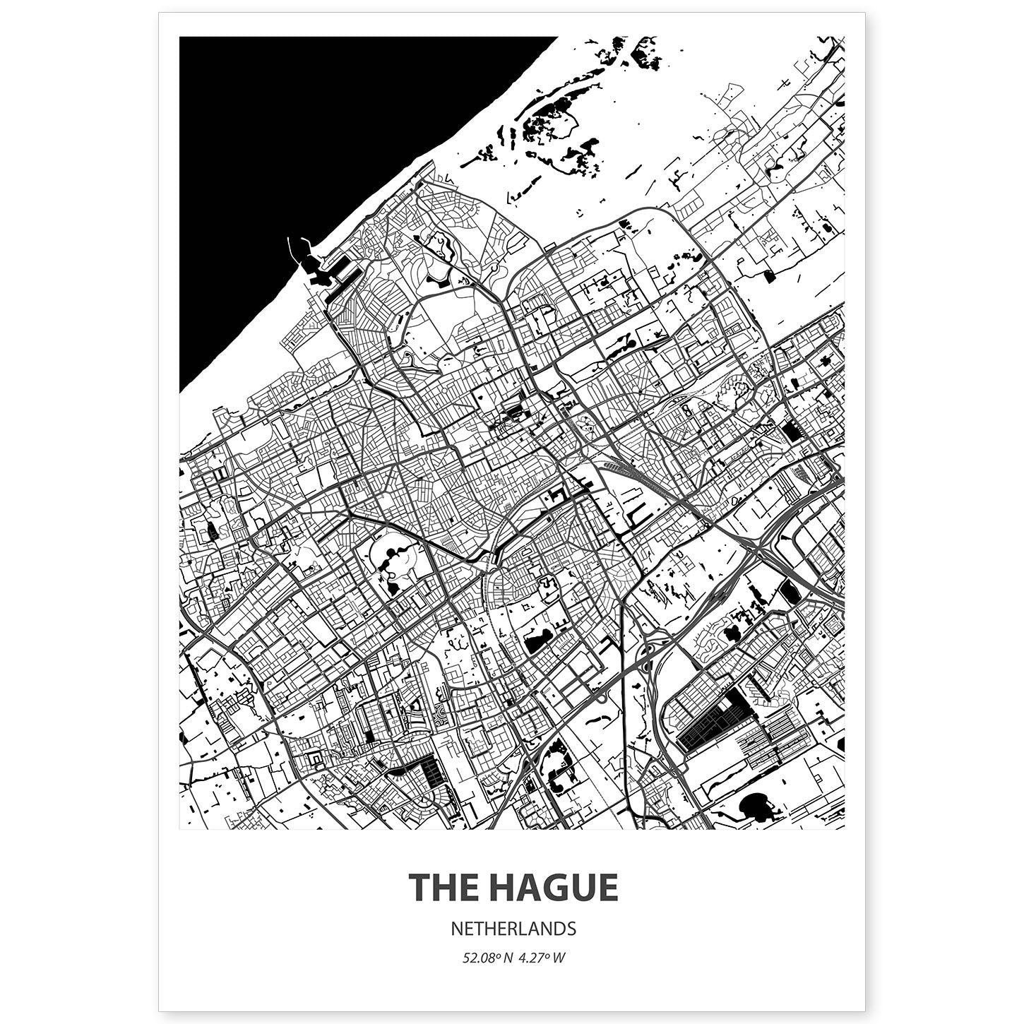Poster con mapa de The hague - Holanda. Láminas de ciudades de Holanda y Bélgica con mares y ríos en color negro.-Artwork-Nacnic-A4-Sin marco-Nacnic Estudio SL