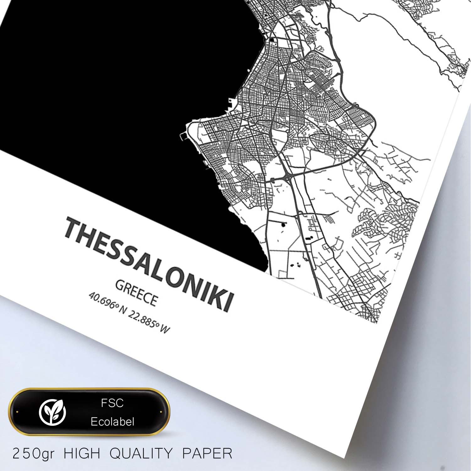 Poster con mapa de Thessaloniki - Grecia. Láminas de ciudades de Europa con mares y ríos en color negro.-Artwork-Nacnic-Nacnic Estudio SL