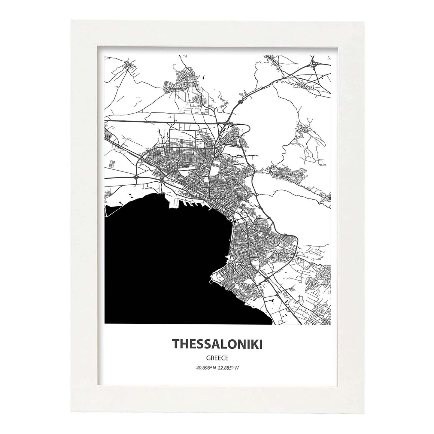 Poster con mapa de Thessaloniki - Grecia. Láminas de ciudades de Europa con mares y ríos en color negro.-Artwork-Nacnic-A3-Marco Blanco-Nacnic Estudio SL