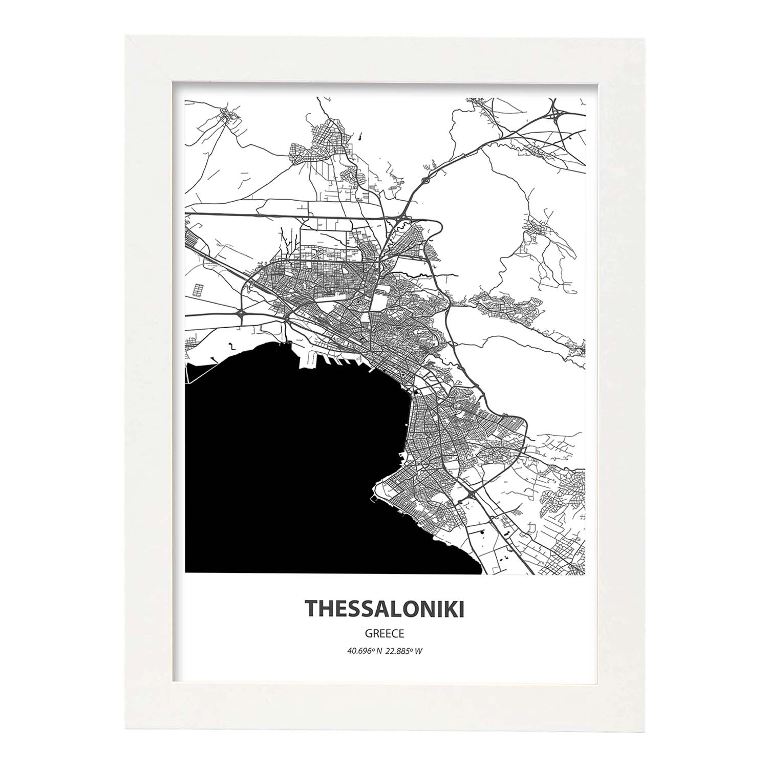 Poster con mapa de Thessaloniki - Grecia. Láminas de ciudades de Europa con mares y ríos en color negro.-Artwork-Nacnic-A3-Marco Blanco-Nacnic Estudio SL