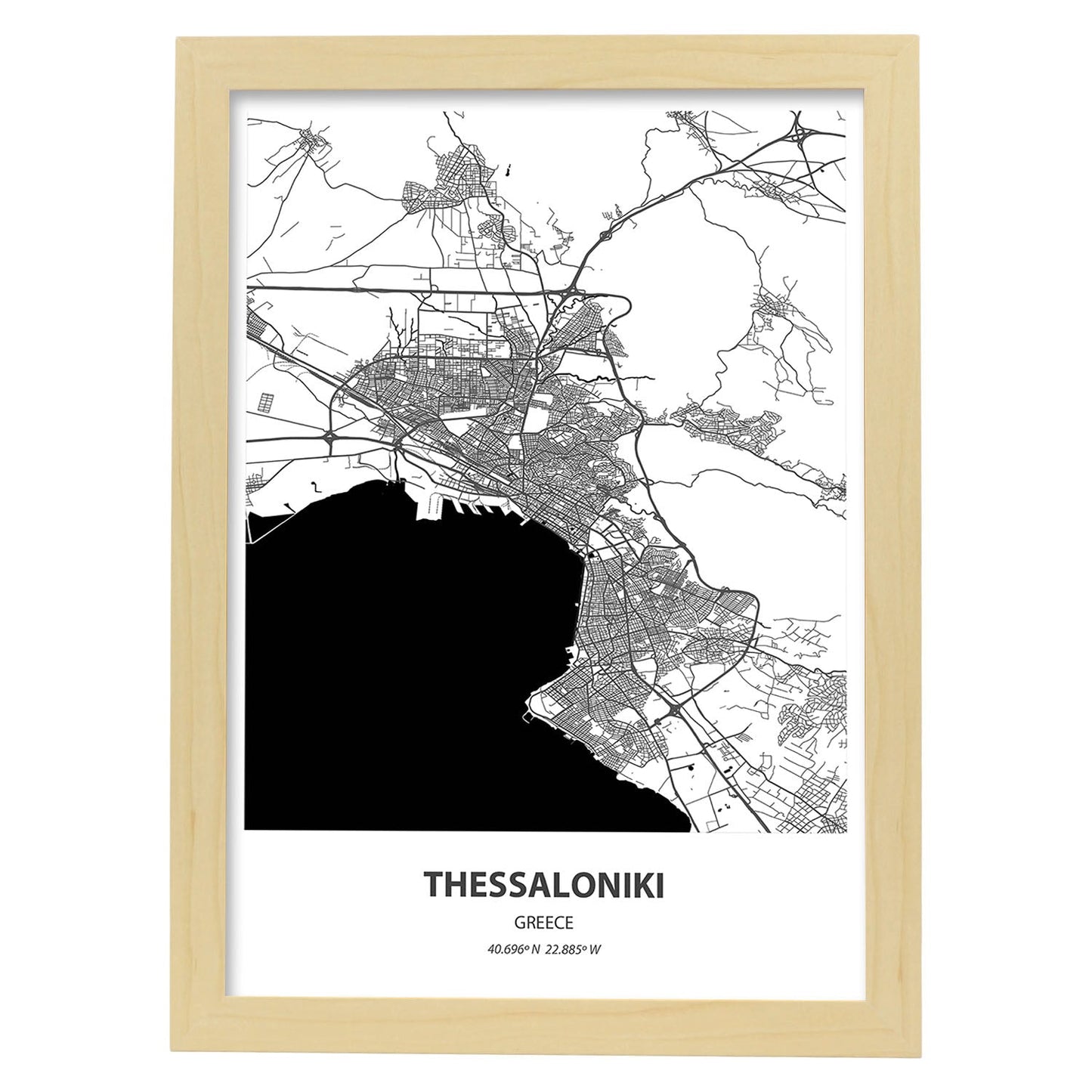 Poster con mapa de Thessaloniki - Grecia. Láminas de ciudades de Europa con mares y ríos en color negro.-Artwork-Nacnic-A3-Marco Madera clara-Nacnic Estudio SL