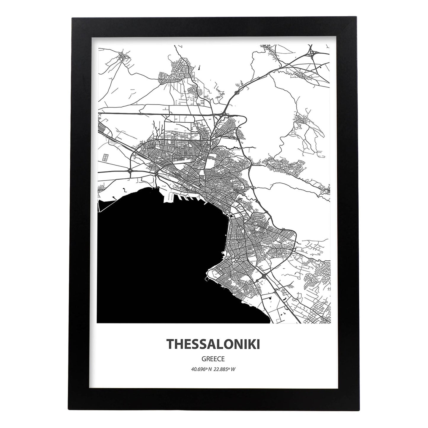 Poster con mapa de Thessaloniki - Grecia. Láminas de ciudades de Europa con mares y ríos en color negro.-Artwork-Nacnic-A3-Marco Negro-Nacnic Estudio SL